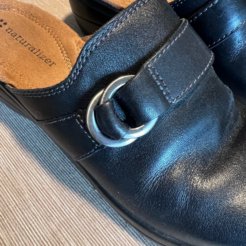 Naturalizer Black Leather Mules with Silver Buckle